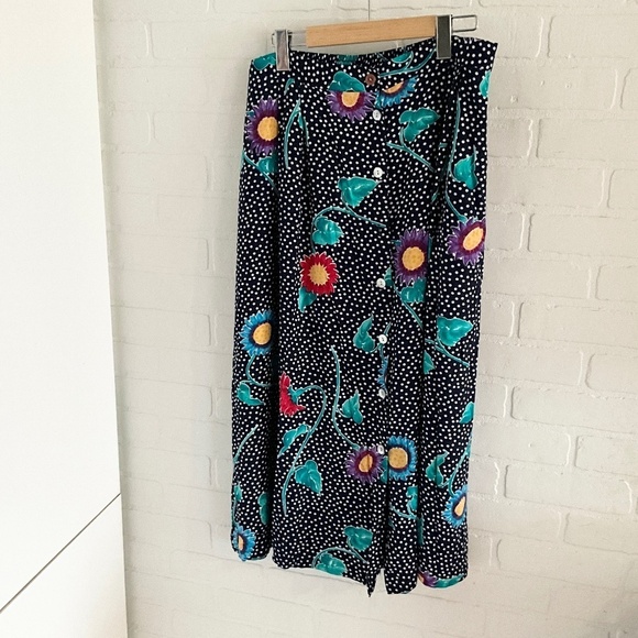 Vintage Maxi skirt Button down Navy Polka dot Dark Floral print Coquette 20W - Picture 2 of 8